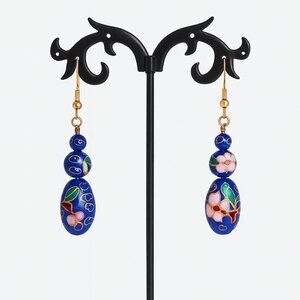 Cloisonné Enamel Drop Earrings With Floral Design - 2 Inches Long